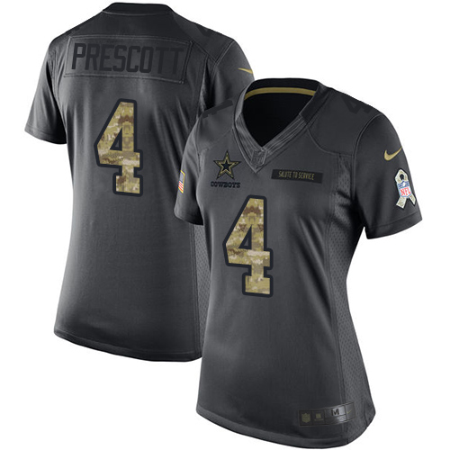 Women's Limited Dak Prescott Nike Jersey Black - #4 2016 Salute to Service NFL Dallas Cowboys